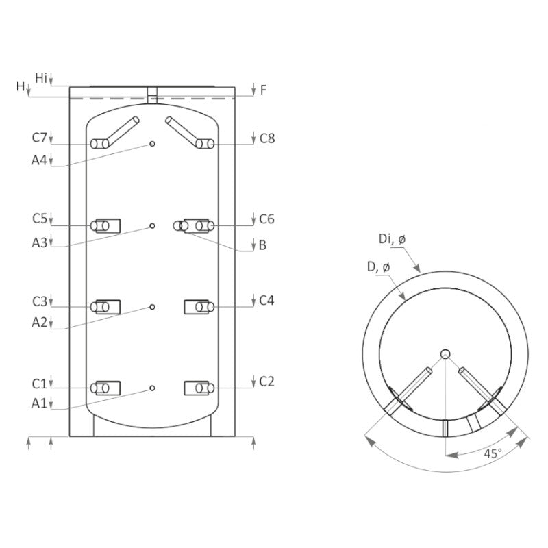 Technische Zeichnung ohne Abmaße - ThermoFlux Pufferspeicher PBM 800 | ohne Isolierung | ohne WT