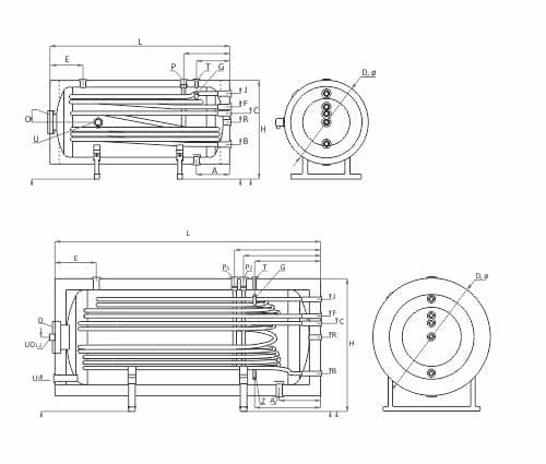 Technische Zeichnung - ThermoFlux Brauchwasserspeicher THBWS-RR 500 horizontal  | 2 WT  |klimaworlv.com