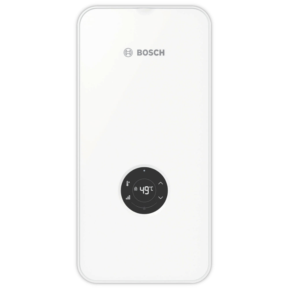 Bosch weisser Durchlauferhitzer TR7001 21/24/27 DESOB Frontalansicht mit LED-Display | Klimaworld.com