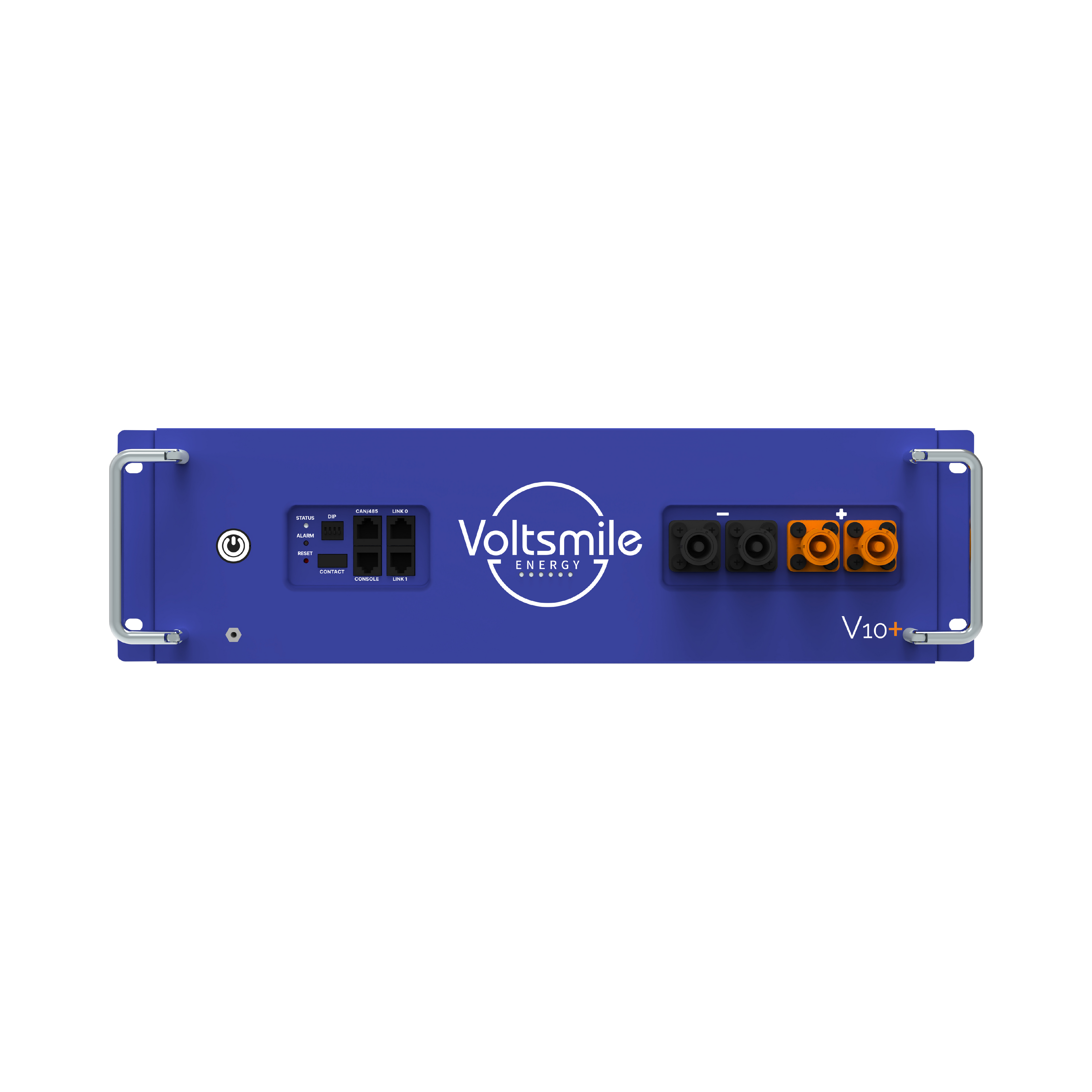 blaue Voltsmile Batterie V10+, Frontalansicht, mit Anschluessen | Klimaword.com