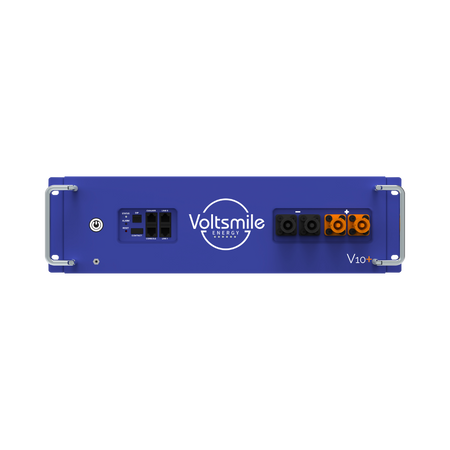 blaue Voltsmile Batterie V10+, Frontalansicht, mit Anschluessen | Klimaword.com