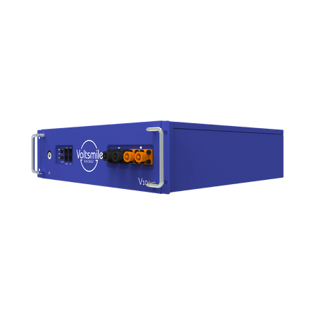 blaue Voltsmile Batterie V10+, Ansicht rechts, mit Anschluessen | Klimaword.com
