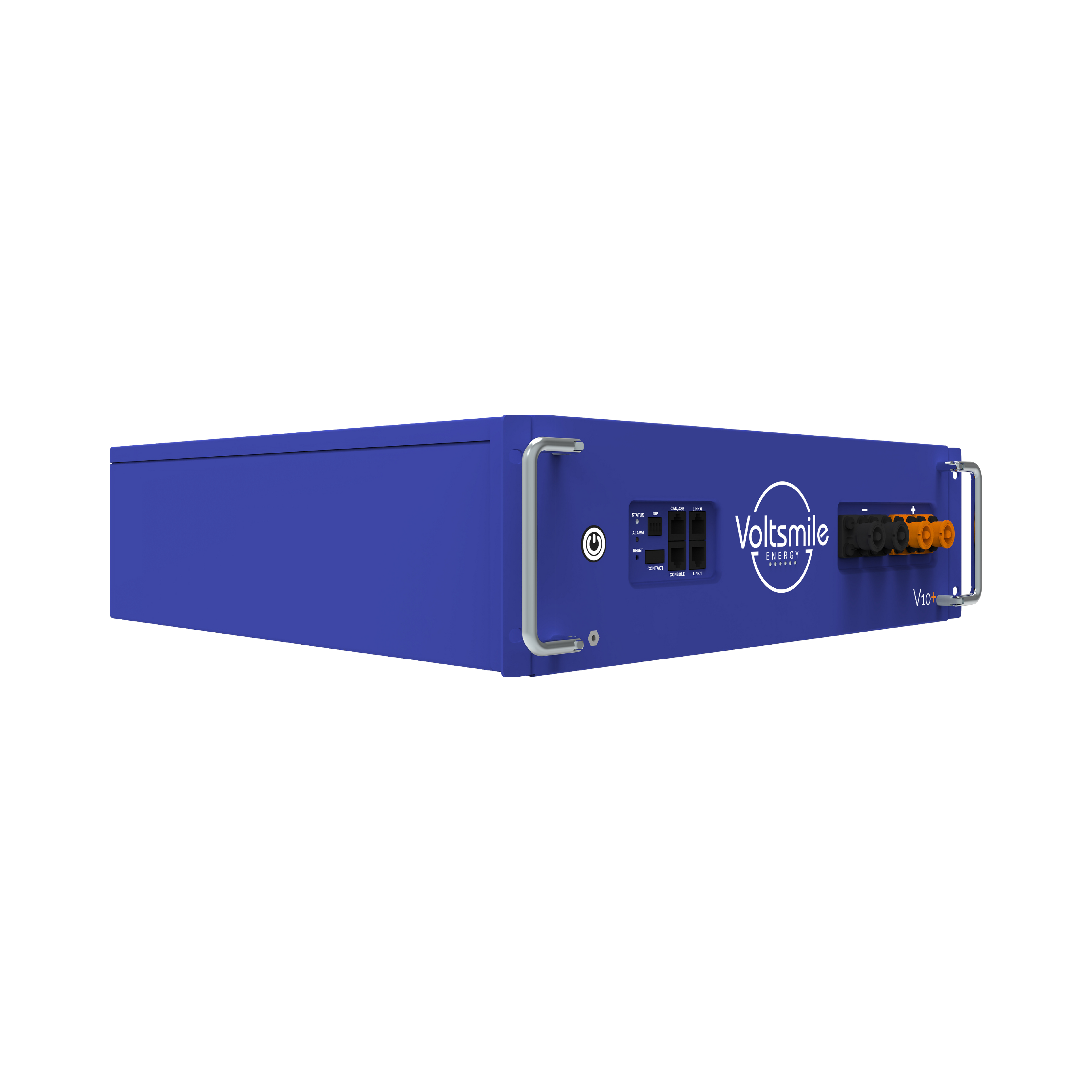 blaue Voltsmile Batterie V10+, Ansicht links, mit Anschluessen | Klimaword.com