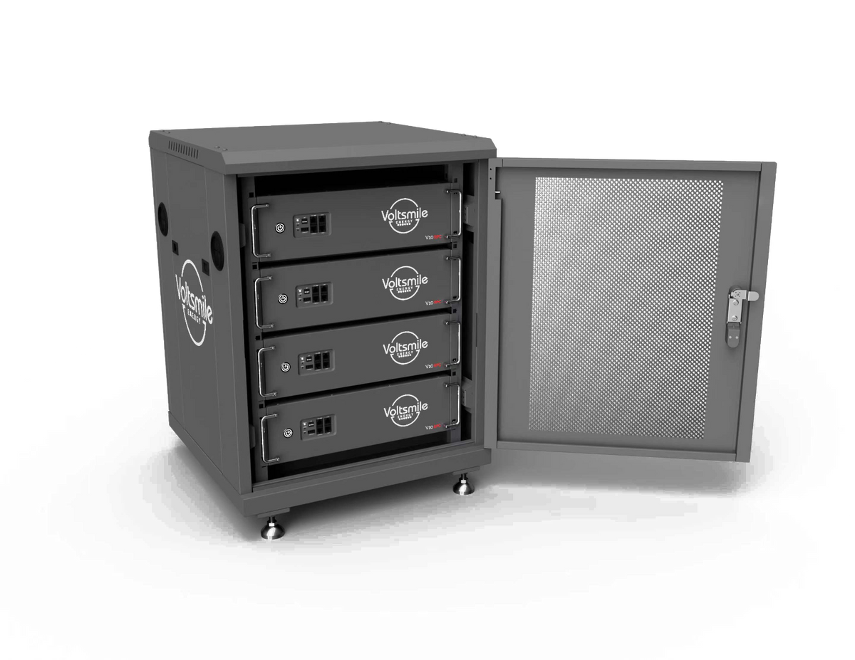 schwarzer Voltsmile Batterieschrank RPC 14U für V10 RPC Batterien