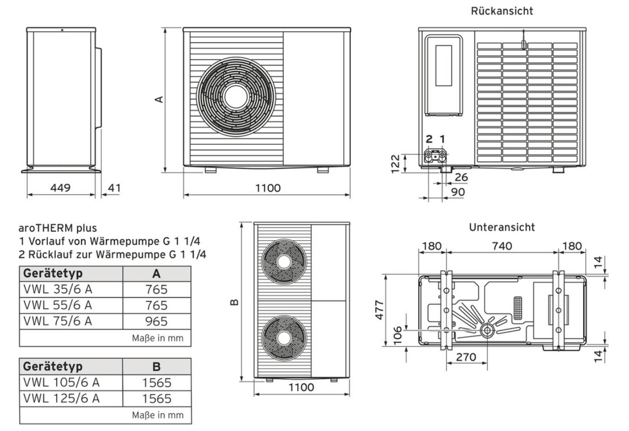 Maße Vaillant Wärmepumpe aroTHERM plus VWL 75/6