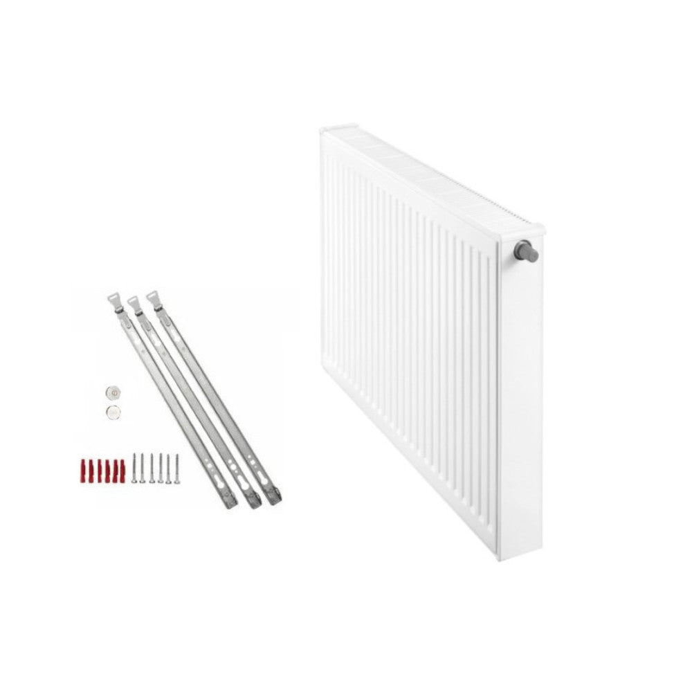 Profilierter Ventilkompaktheizkoerper Logatrend in Weiss mit integriertem Ventil rechts, Montagematerial ab 1600 mm und Stopfen | klimaworld.com
