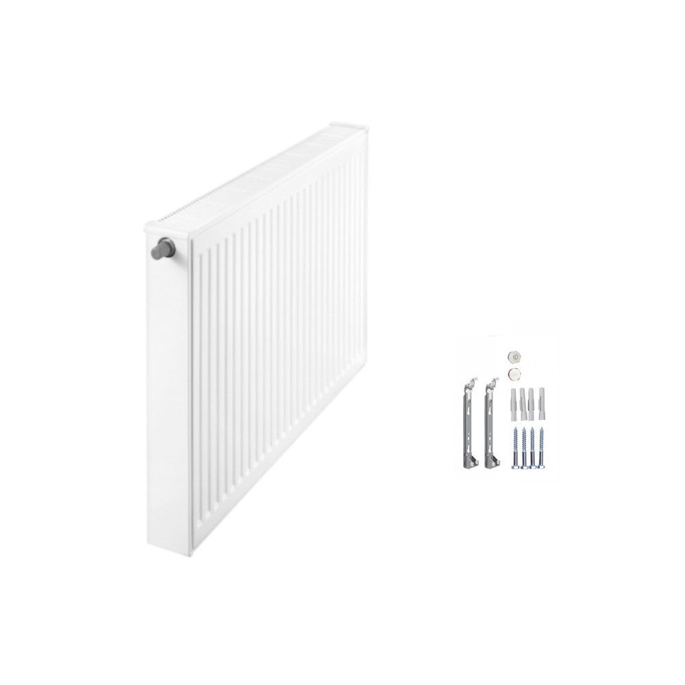 Profilierter Ventilkompaktheizkoerper Logatrend in Weiss mit integriertem Ventil links, Montagematerial bis 1600 mm und Stopfen | klimaworld.com