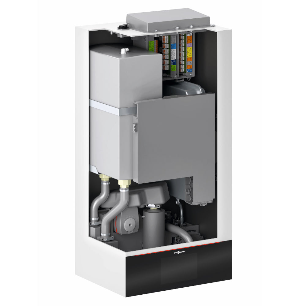 Geoeffnetes Viessmann Vitocal 250-A Modular Innengeraet IDU-A mit sichtbaren Anschluessen, Leitungen und Bauteilen | Klimaworld.com