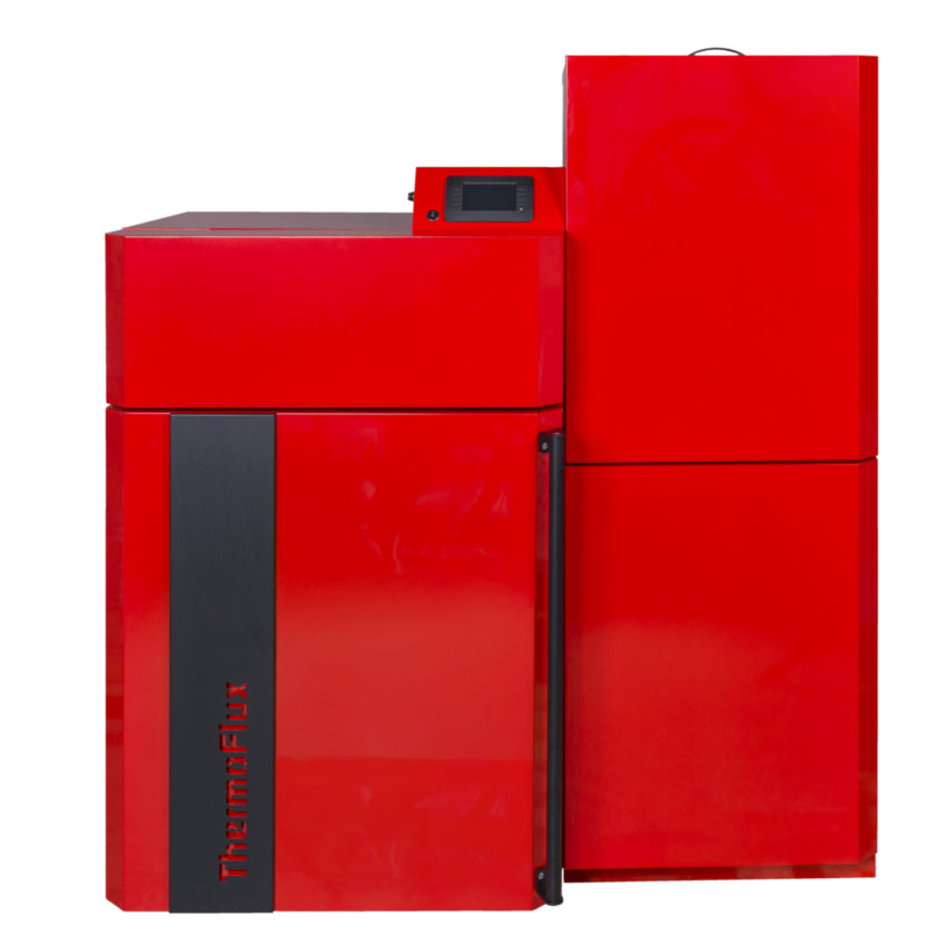 ThermoFlux Pelletheizkessel PellFlux 12 Lambda in rot mit seitlichem Pelletbehaelter und Display oben | Klimaworld.com