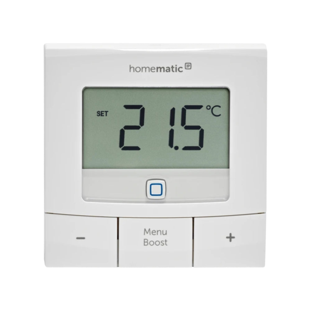 Homematic IP Wandthermostat weiss mit Displayanzeige 21,5 Grad, Tasten Menu Boost sowie Plus Minus| Klimaworld.com