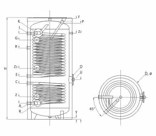 Technische Zeichnung ohne Abmaße - ThermoFlux Wärmepumpenspeicher SWP2N 300 | mit 2 Wärmetauscher | Klimaworld.com