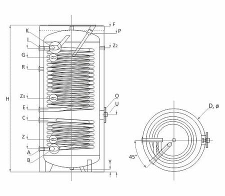 Technische Zeichnung ohne Abmaße - ThermoFlux Wärmepumpenspeicher SWP2N 300 | mit 2 Wärmetauscher | Klimaworld.com