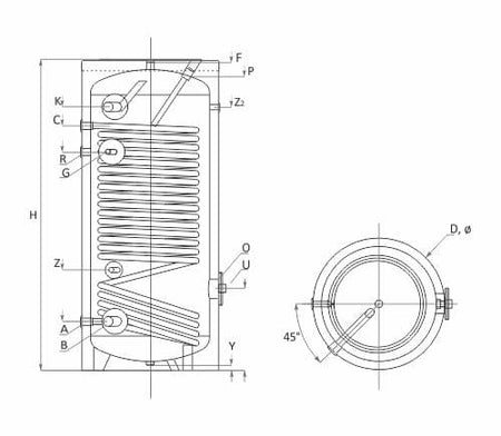 Technische Zeichnung ohne Abmaße - ThermoFlux Wärmepumpenspeicher SWPN 300 | mit einem Wärmetauscher | klimaworlv.com