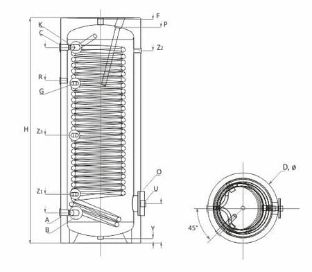 Technische Zeichnung ohne Abmaße - ThermoFlux Wärmepumpenspeicher SWP NL 500 | mit großem Wärmetauscher | Klimaworld.com