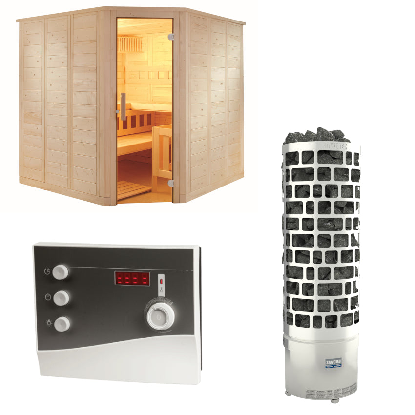 Sentiotec Sauna Set Wellfun Corner mit Saunaofen ARI und Steuerung K2-Next | klimaworld.com