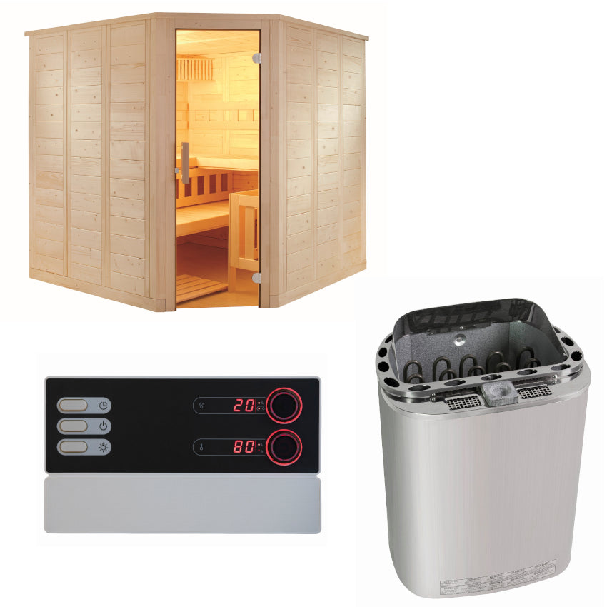 Sentiotec Sauna Set Wellfun Corner mit Saunaofen Scandia Next Combi und Steuerung Pro B3 | klimaworld.com