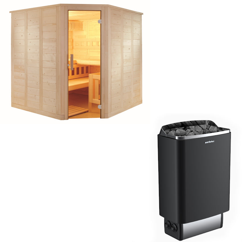 Sentiotec Sauna Set Wellfun Corner mit Saunaofen 100 inkl. Steuerung | klimaworld.com