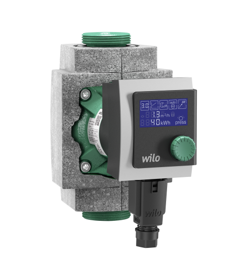 Wilo Stratos Pico Plus Pumpe mit grauem Isolierblock, Display und gruenem Regler an schwarzer Front | Klimaworld.com
