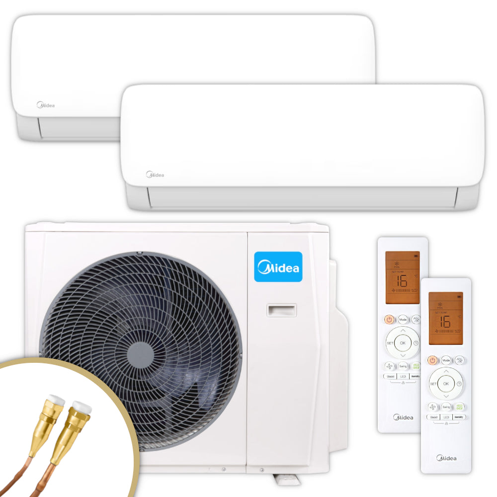 Midea Multisplit Klimaanlage Set Xtreme Save Lite, bestehend aus 2 weissen Innengeraeten, weissem Aussengeraet und 2 Fernbedienungen | Klimaworld.com
