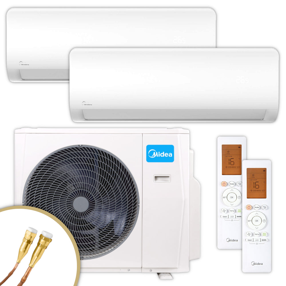 Weisses MIDEA Multisplit Klimaanlagen Set mit zwei Wandgeraeten und einem Aussengeraet sowie zwei Infrarotfernbedienungen mit Display Beispiel 16 °C | klimaworld.com