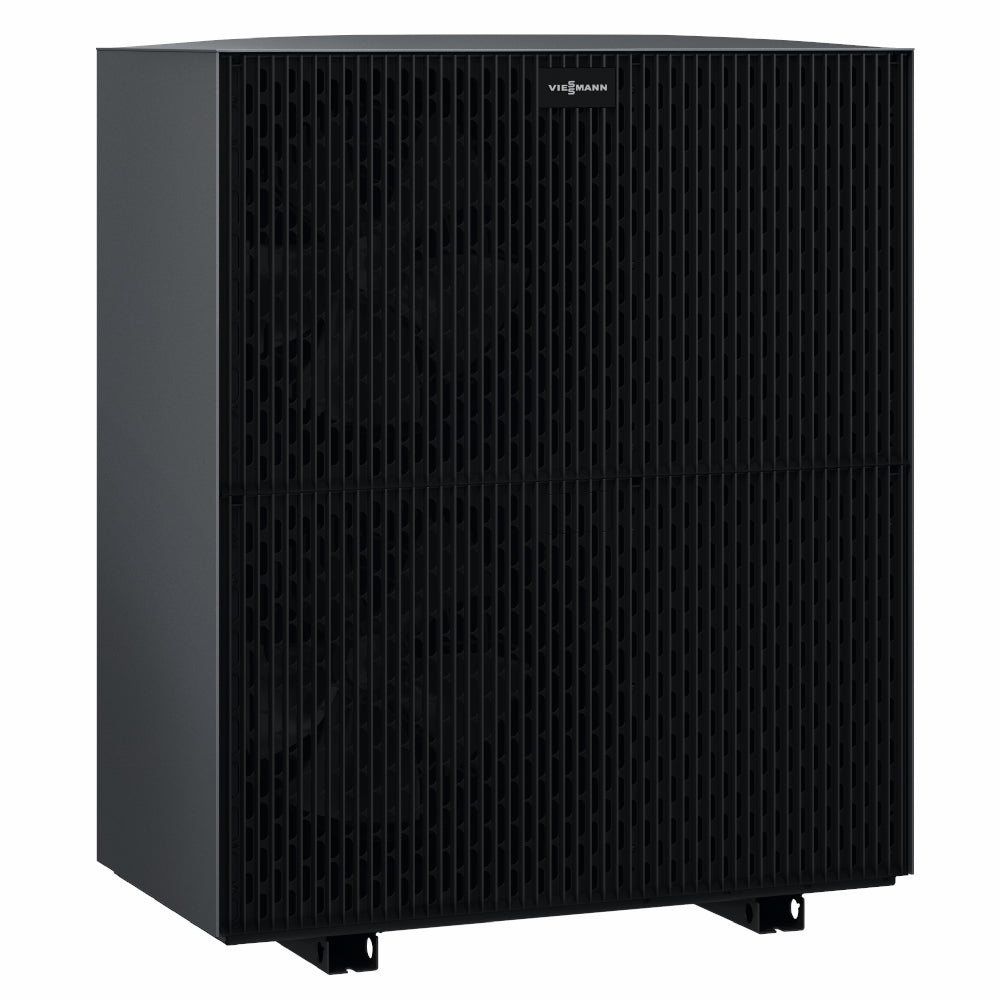 seitlich: Schwarzes Viessmann Vitocal 250-A Modular Aussengeraet ODU 250-A mit Gitterfront und zwei verdeckten Lueftern | Klimaworld.com