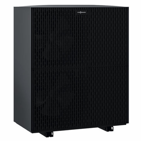 seitlich: Schwarzes Viessmann Vitocal 250-A Modular Aussengeraet ODU 250-A mit Gitterfront und zwei verdeckten Lueftern | Klimaworld.com