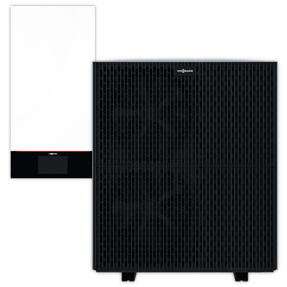 Viessmann Luft/Wasser-Wärmepumpen Set Vitocal 250-A Modular: Schwarzes Aussengeraet mit Gitterfront und sichtbaren Luefterkonturen neben weissem Innengeraet mit Displayleiste | Klimaworld.com
