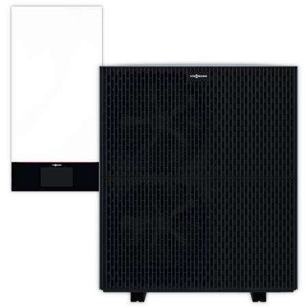 Viessmann Luft/Wasser-Wärmepumpen Set Vitocal 250-A Modular: Schwarzes Aussengeraet mit Gitterfront und sichtbaren Luefterkonturen neben weissem Innengeraet mit Displayleiste | Klimaworld.com
