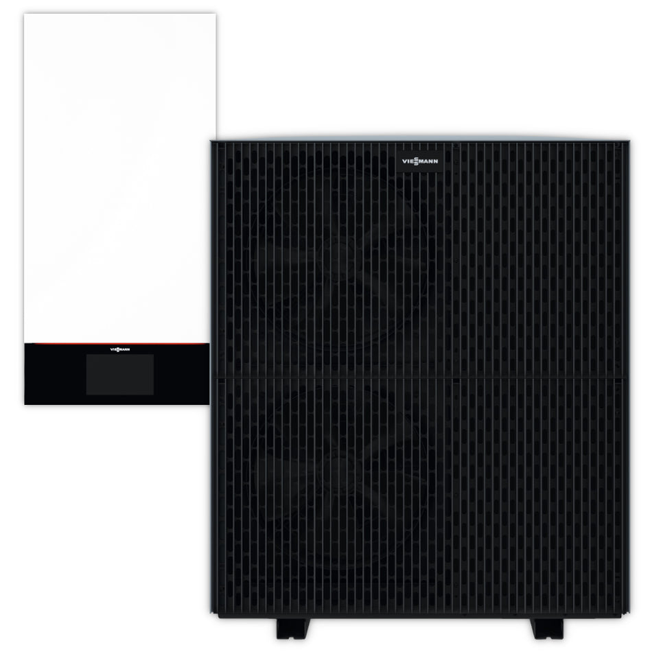 Viessmann Luft/Wasser-Wärmepumpen Set Vitocal 250-A: Schwarzes Aussengeraet mit Gitterfront und sichtbaren Luefterkonturen neben weissem Innengeraet mit Displayleiste | Klimaworld.com