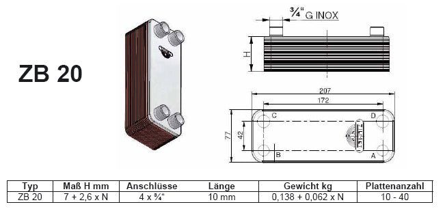 Zilmet Plattenwärmetauscher Typ ZB 10 - 10 Plattenanzahl