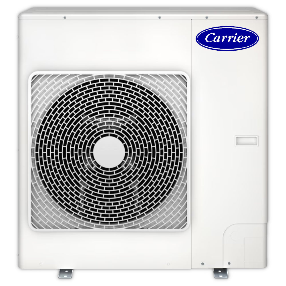 Weisses Aussengeraet von Carrier mit Ventilator, Gitterfront und robustem Gehaeuse | Klimaworld.com