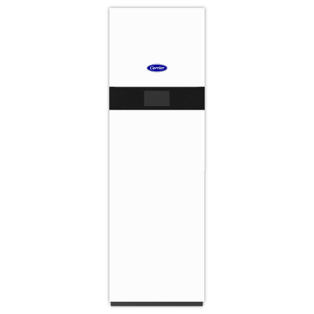 Weisse, stehende Inneneinheit der Carrier AquaSnap AWH-NGA mit schwarzem Displaybereich, klares modernes Design | klimaworld.com
