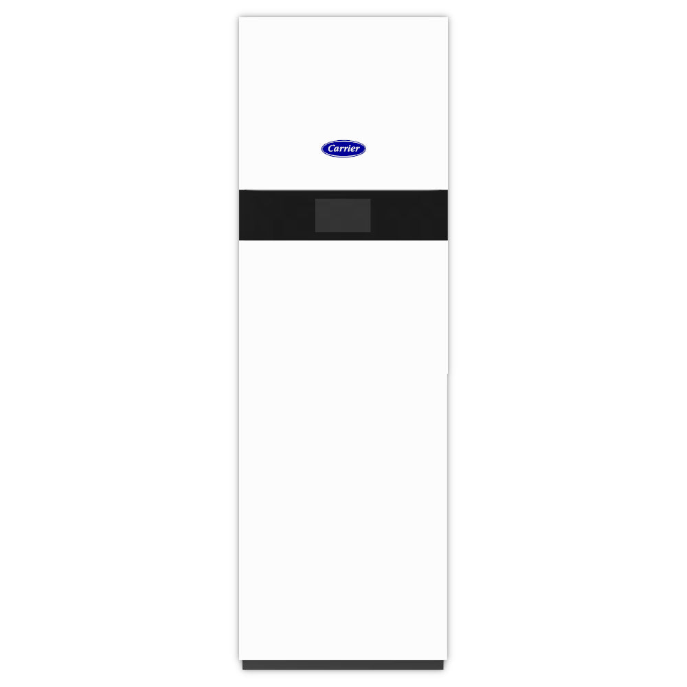 Weisse, stehende Inneneinheit der Carrier AquaSnap AWH-NGA mit schwarzem Displaybereich, klares modernes Design | klimaworld.com