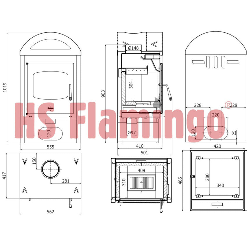 HS Flamingo | Meland | Kaminofen | 9 kW - Technische Zeichnung