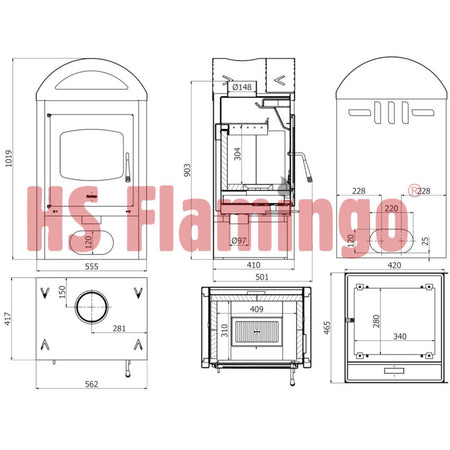 HS Flamingo | Meland | Kaminofen | 9 kW - Technische Zeichnung
