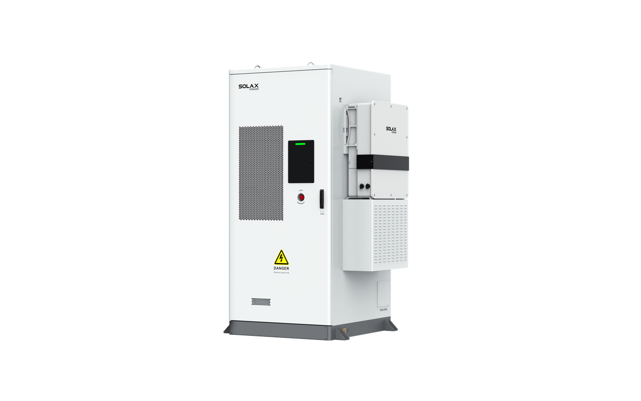 Weißer SolaX AELIO B100 Batterieschrank mit Wechselrichter X3-AELIO-49,9K Ansicht von schraeg rechts | Klimaworld